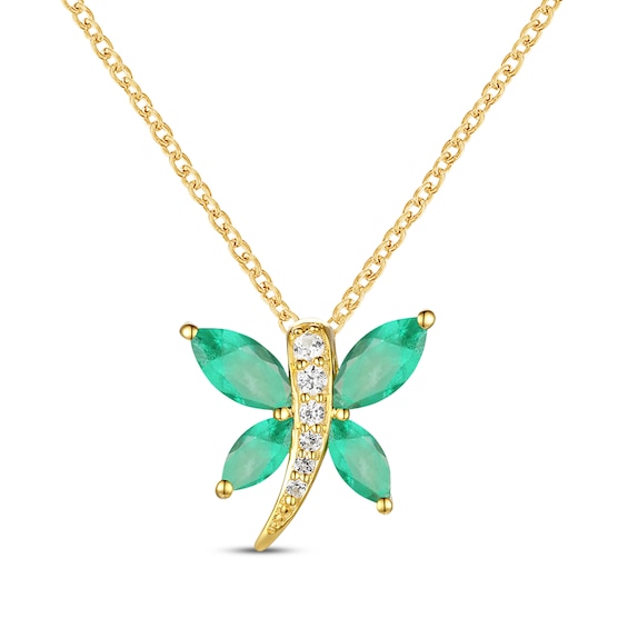 Marquise-Cut Emerald & Diamond Dragonfly Necklace 10K Yellow Gold 18"