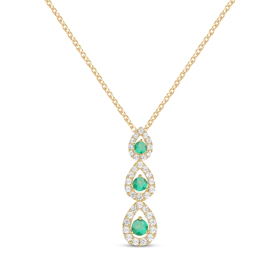 Round-Cut Emerald & Diamond Three-Stone Teardrop Necklace 1/4 ct tw 10K Yellow Gold 18"
