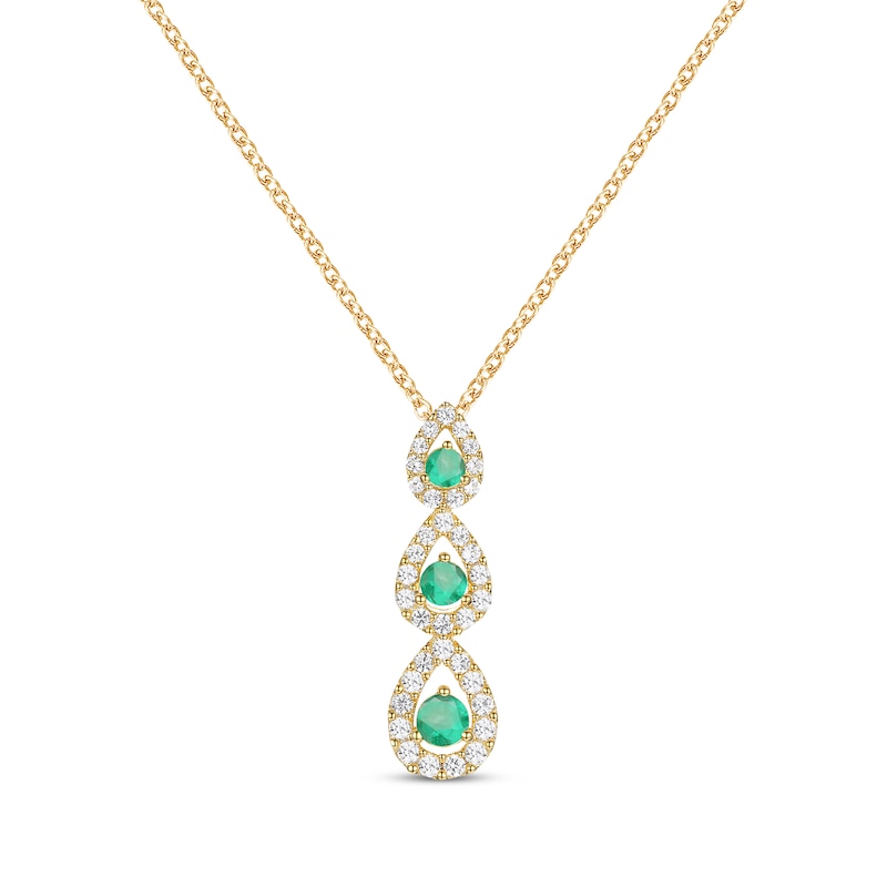 Round-Cut Emerald & Diamond Three-Stone Teardrop Necklace 1/4 ct tw 10K Yellow Gold 18"