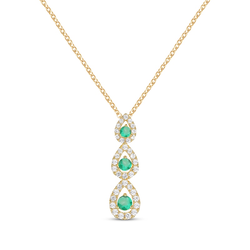 Main Image 1 of Round-Cut Emerald & Diamond Three-Stone Teardrop Necklace 1/4 ct tw 10K Yellow Gold 18&quot;
