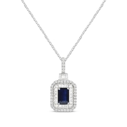 Emerald-Cut Blue Sapphire & Diamond Necklace 1/3 ct tw 10K White Gold 18”