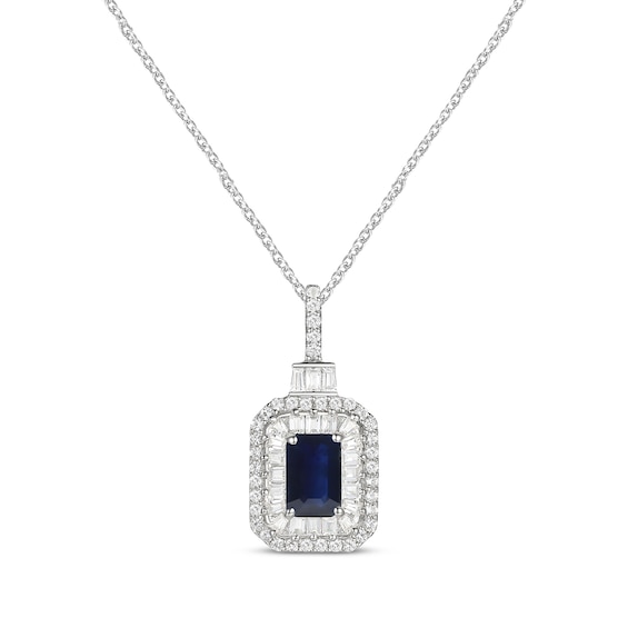 Emerald-Cut Blue Sapphire & Diamond Necklace 1/3 ct tw 10K White Gold 18”