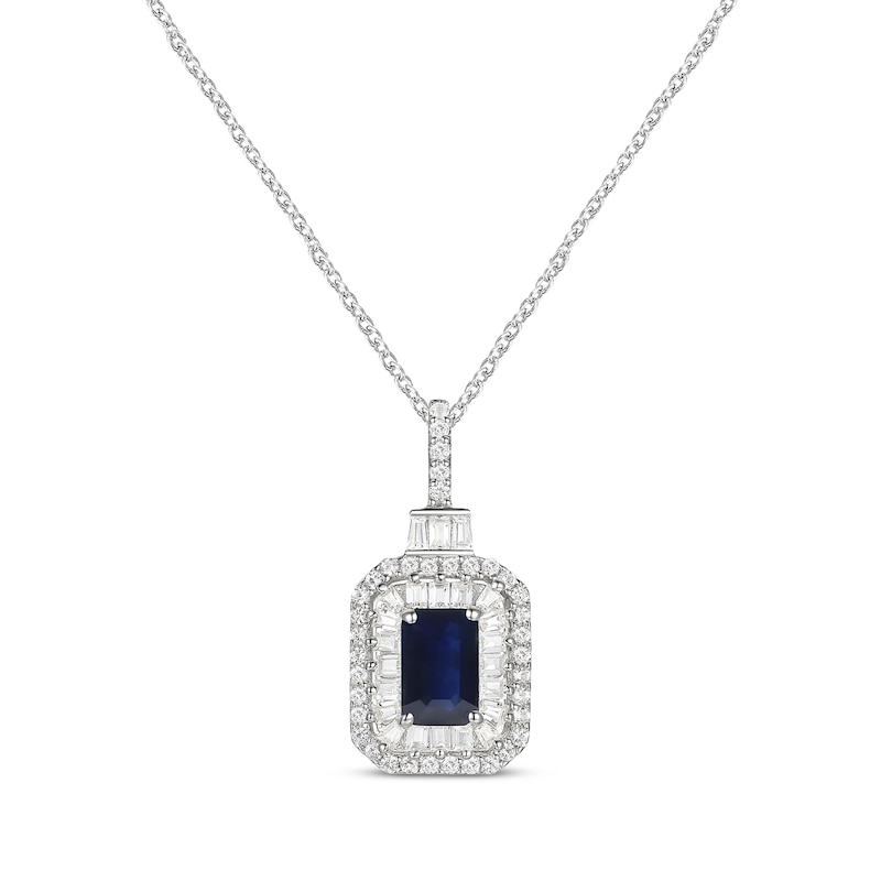 Main Image 1 of Emerald-Cut Blue Sapphire & Diamond Necklace 1/3 ct tw 10K White Gold 18”