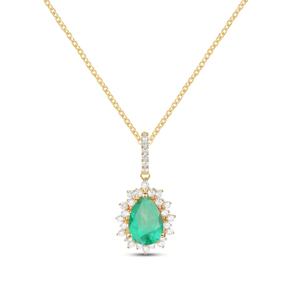 Pear-Shaped Emerald & Diamond Necklace 1/6 ct tw 10K Yellow Gold 18”