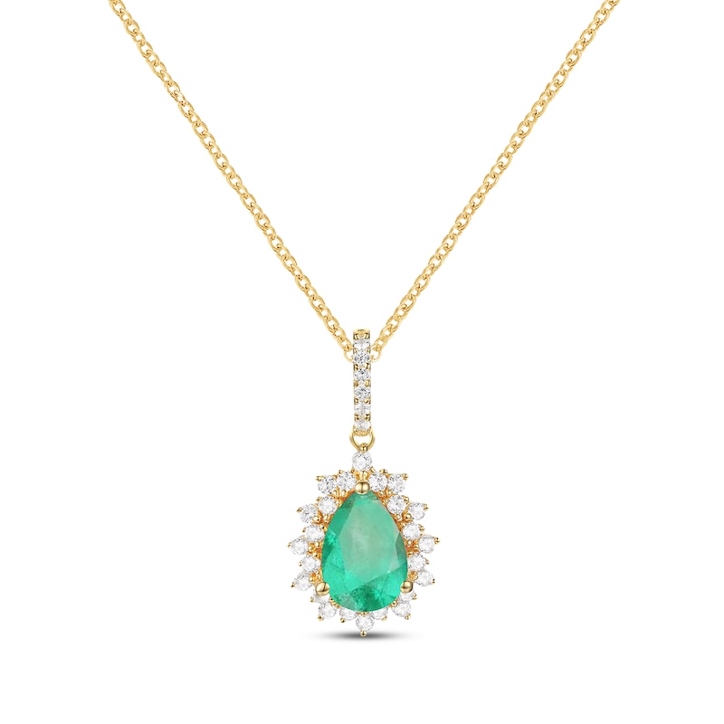 Main Image 1 of Pear-Shaped Emerald & Diamond Necklace 1/6 ct tw 10K Yellow Gold 18”