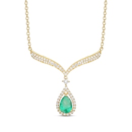 Pear-Shaped Emerald & Diamond Drop Necklace 1/3 ct tw 10K Yellow Gold 18”