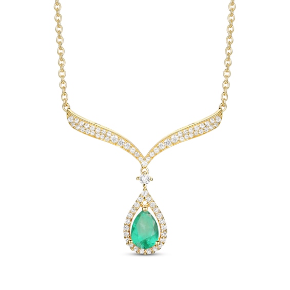 Pear-Shaped Emerald & Diamond Drop Necklace 1/3 ct tw 10K Yellow Gold 18”