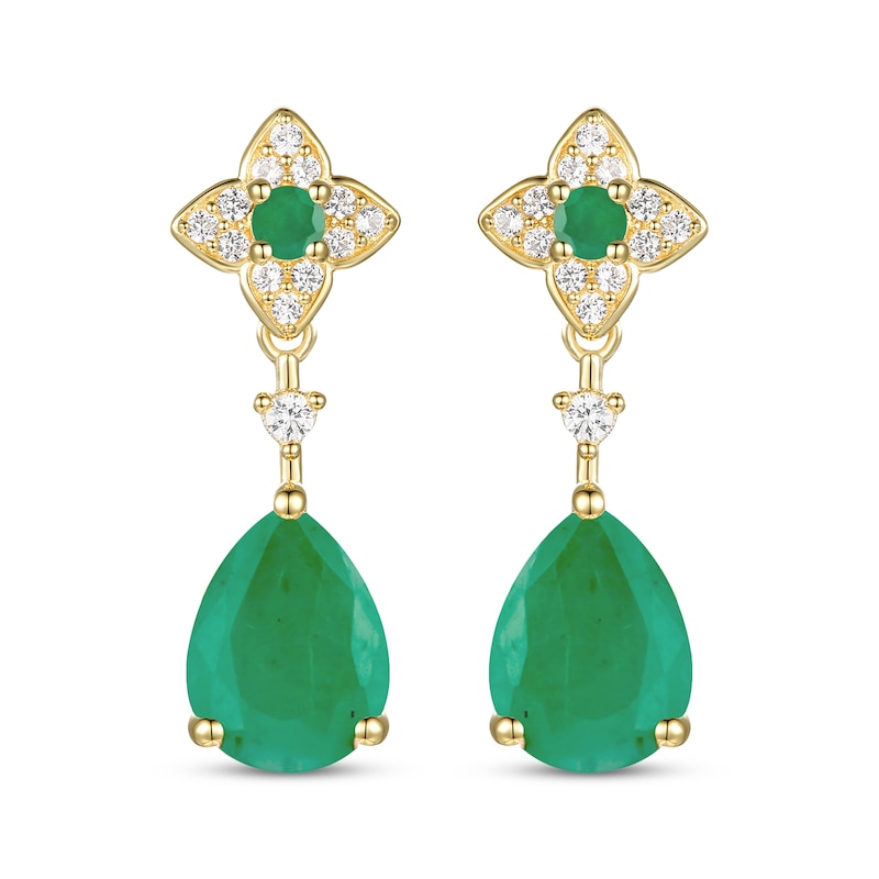 Main Image 2 of Pear-Shaped Emerald & Diamond Drop Earrings 1/10 ct tw 10K Yellow Gold