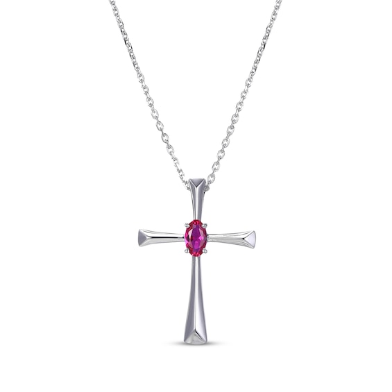Oval-Cut Lab-Created Ruby Cross Necklace Sterling Silver 18”