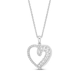 Baguette & Round-Cut White Lab-Created Sapphire Heart Necklace Sterling Silver 18”