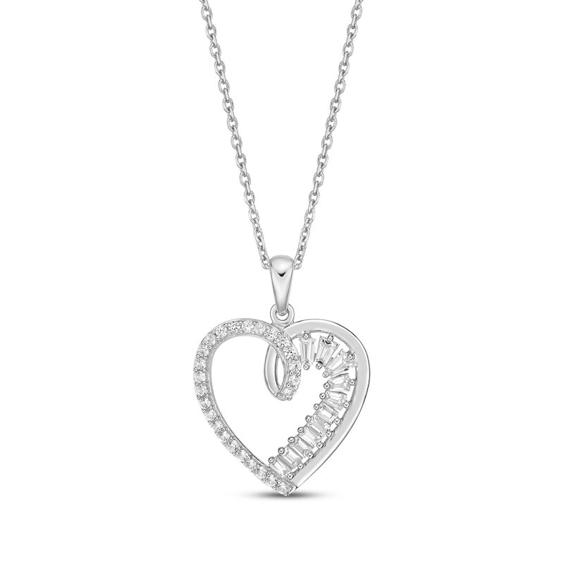 Main Image 1 of Baguette & Round-Cut White Lab-Created Sapphire Heart Necklace Sterling Silver 18”