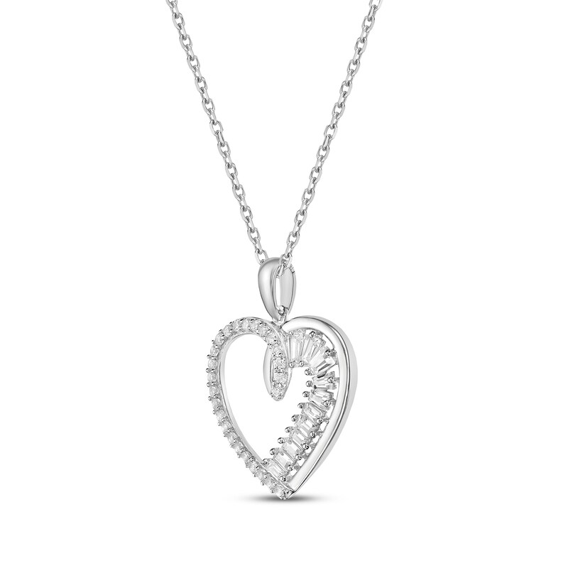 Main Image 2 of Baguette & Round-Cut White Lab-Created Sapphire Heart Necklace Sterling Silver 18”