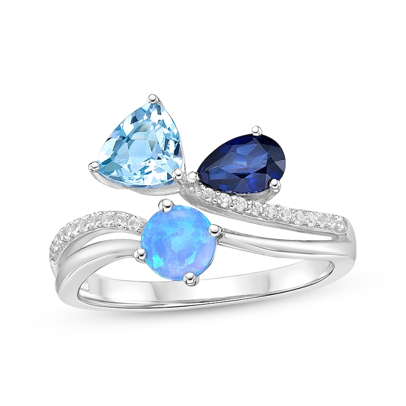 Main Image 1 of Multi-Shape Blue & White Lab-Created Sapphire, Blue Lab-Created Opal & London Blue Topaz Ring Sterling Silver