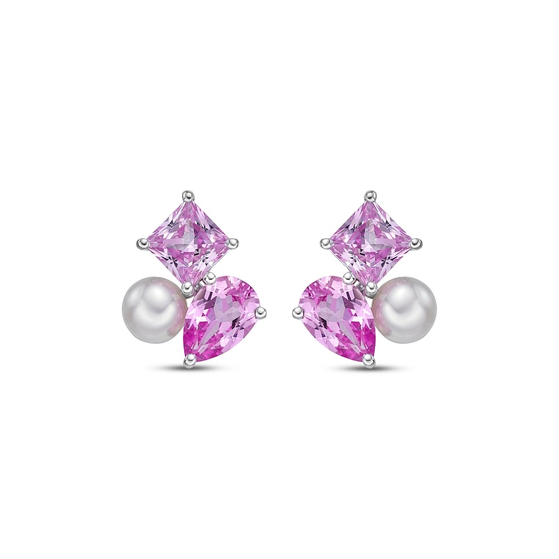 Cultured Pearl & Multi-Shape Pink Lab-Created Sapphire Drop Earrings Sterling Silver