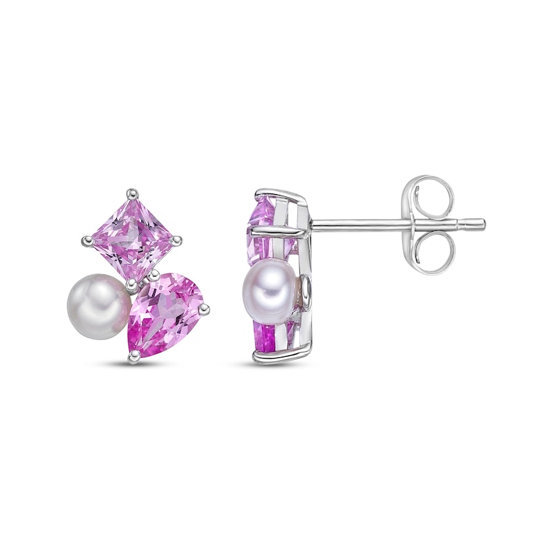 Cultured Pearl & Multi-Shape Pink Lab-Created Sapphire Drop Earrings Sterling Silver