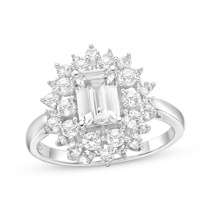 Main Image 1 of Emerald & Round-Cut White Lab-Created Sapphire Sunburst Ring Sterling Silver