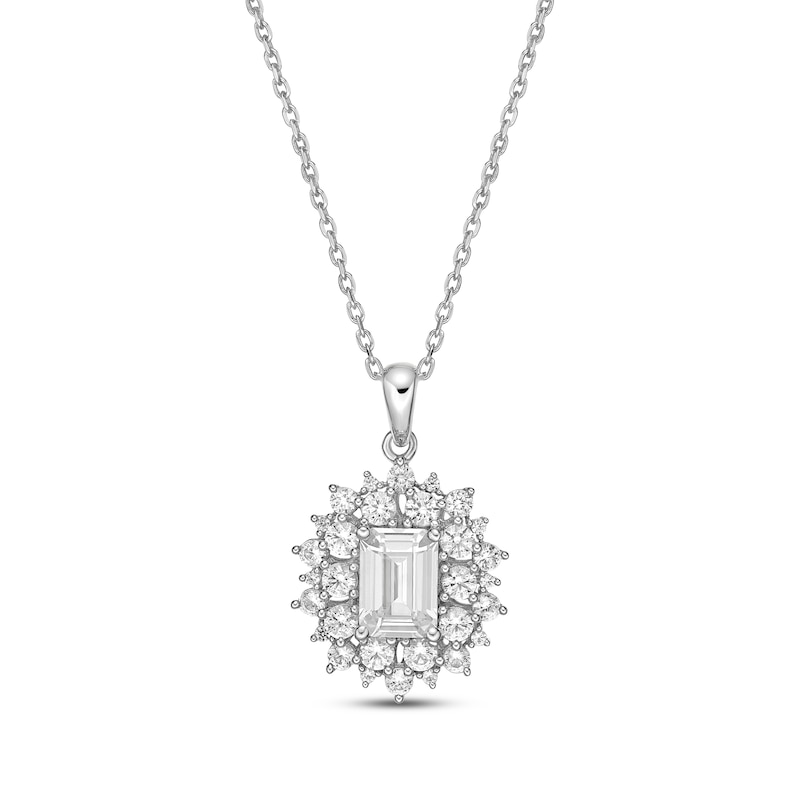 Main Image 1 of Emerald & Round-Cut White Lab-Created Sapphire Sunburst Necklace Sterling Silver 18”