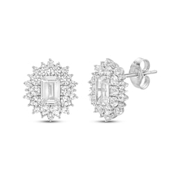 Emerald & Round-Cut White Lab-Created Sapphire Sunburst Earrings Sterling Silver