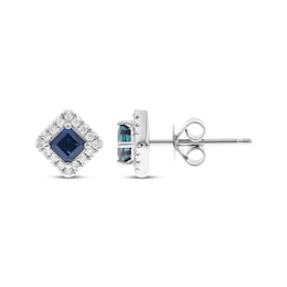 Square-Cut Blue Sapphire & Round-Cut Diamond Stud Earrings 1/8 ct tw 10K White Gold