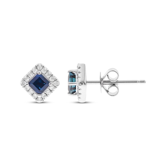 Square-Cut Blue Sapphire & Round-Cut Diamond Stud Earrings 1/8 ct tw 10K White Gold