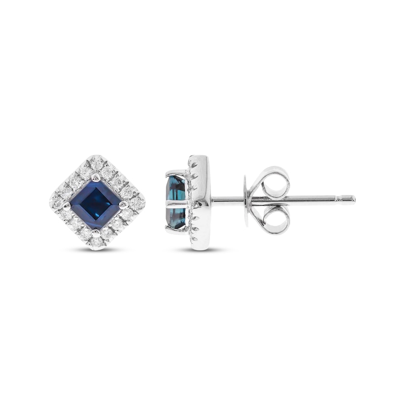 Main Image 1 of Square-Cut Blue Sapphire & Round-Cut Diamond Stud Earrings 1/8 ct tw 10K White Gold