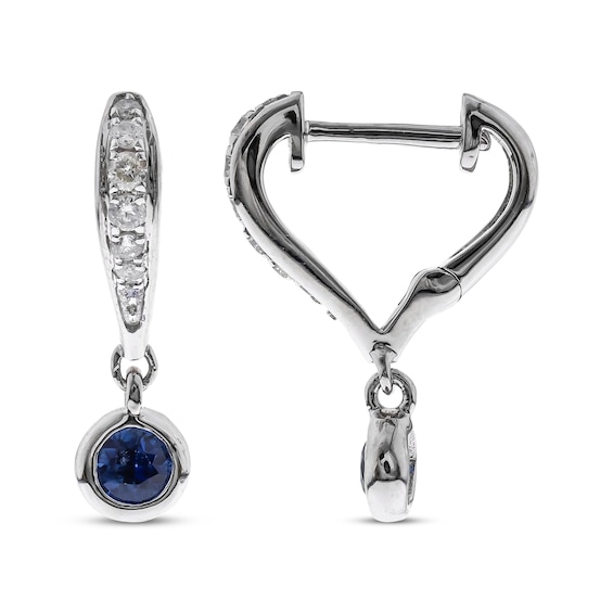 Round-Cut Blue Sapphire & Diamond Drop Hoop Earrings 1/10 ct tw 10K White Gold