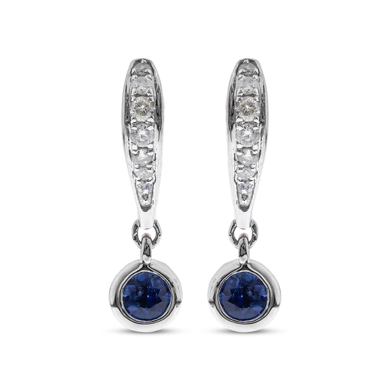 Main Image 2 of Round-Cut Blue Sapphire & Diamond Drop Hoop Earrings 1/10 ct tw 10K White Gold