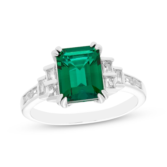Octagon-Cut Lab-Created Emerald, Baguette-Cut White Lab-Created Sapphire Ring Sterling Silver