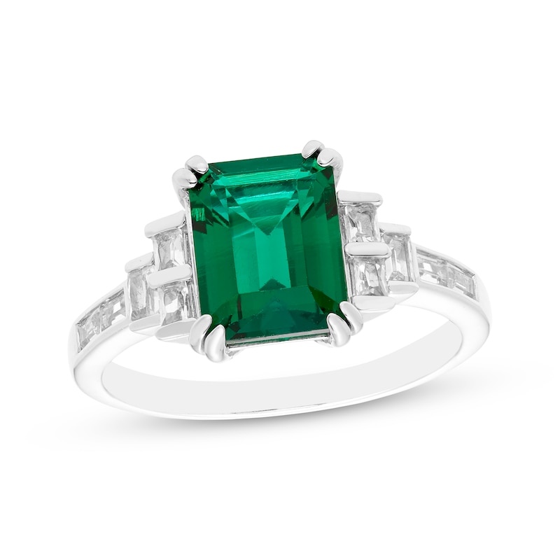 Main Image 1 of Octagon-Cut Lab-Created Emerald, Baguette-Cut White Lab-Created Sapphire Ring Sterling Silver