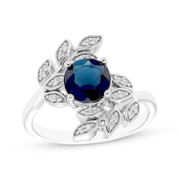 Round-Cut London Blue Topaz & Diamond Leaf Frame Ring 1/15 ct tw Sterling Silver