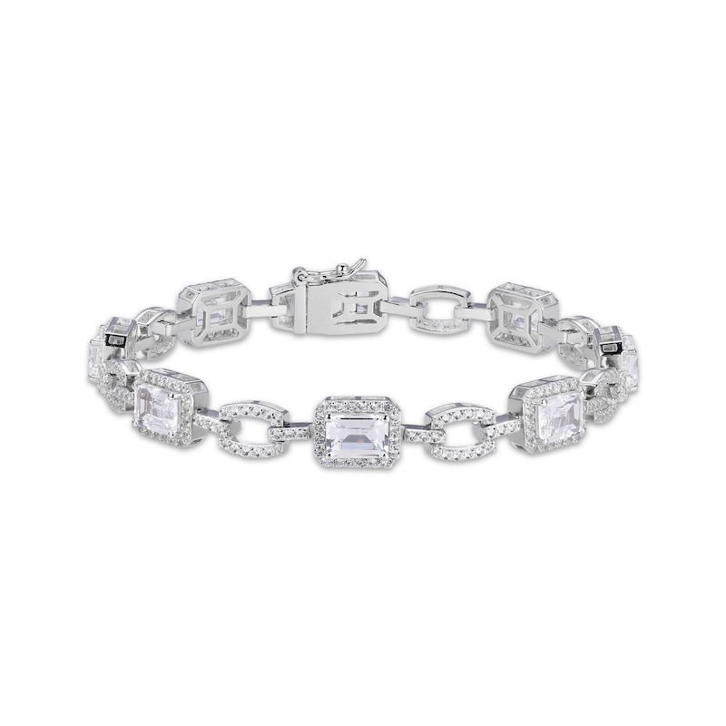 Main Image 1 of Emerald & Round-Cut White Lab-Created Sapphire Bracelet Sterling Silver 7.25”