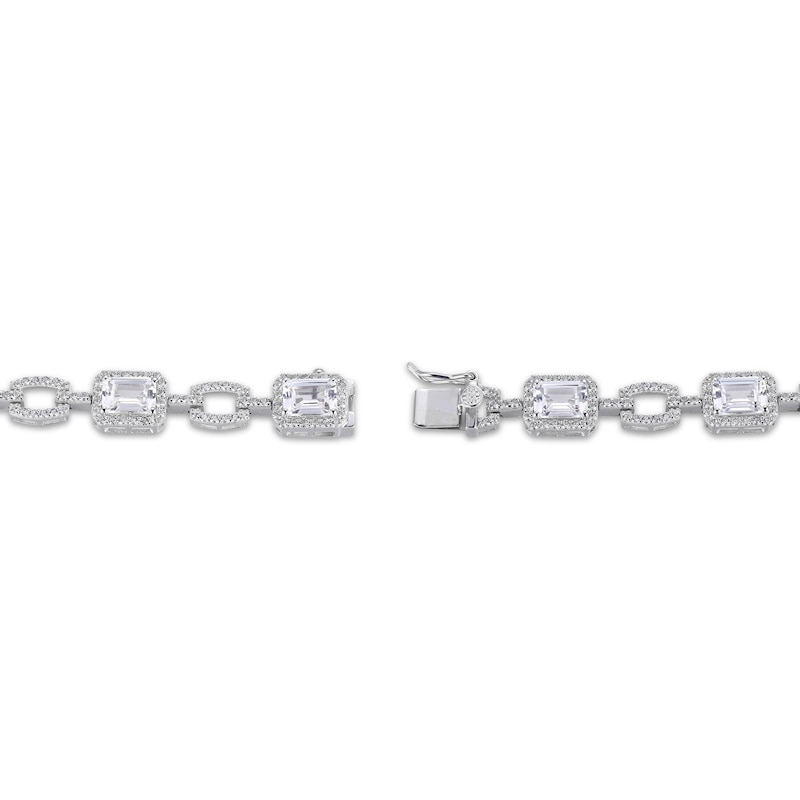 Main Image 3 of Emerald & Round-Cut White Lab-Created Sapphire Bracelet Sterling Silver 7.25”