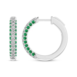 Round-Cut Lab-Created Emerald & White Lab-Created Sapphire Hoop Earrings Sterling Silver