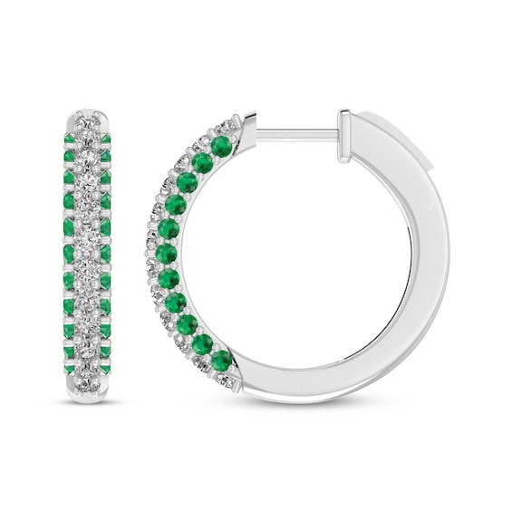 Round-Cut Lab-Created Emerald & White Lab-Created Sapphire Hoop Earrings Sterling Silver