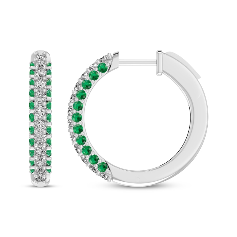Main Image 1 of Round-Cut Lab-Created Emerald & White Lab-Created Sapphire Hoop Earrings Sterling Silver