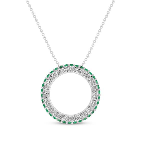 Round-Cut Lab-Created Emerald & White Lab-Created Sapphire Circle Necklace Sterling Silver 18”