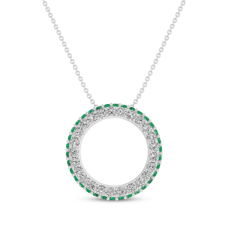 Main Image 1 of Round-Cut Lab-Created Emerald & White Lab-Created Sapphire Circle Necklace Sterling Silver 18”