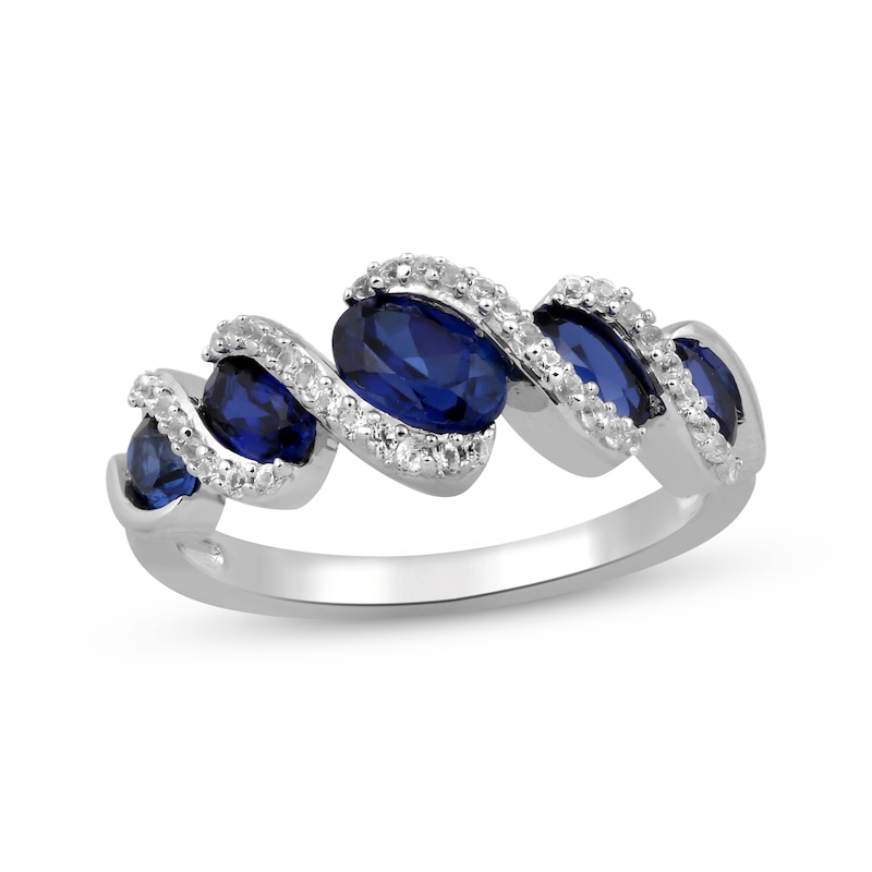 Main Image 1 of Oval-Cut Blue Lab-Created Sapphire & Round-Cut White Lab-Created Sapphire S-Curve Ring Sterling Silver