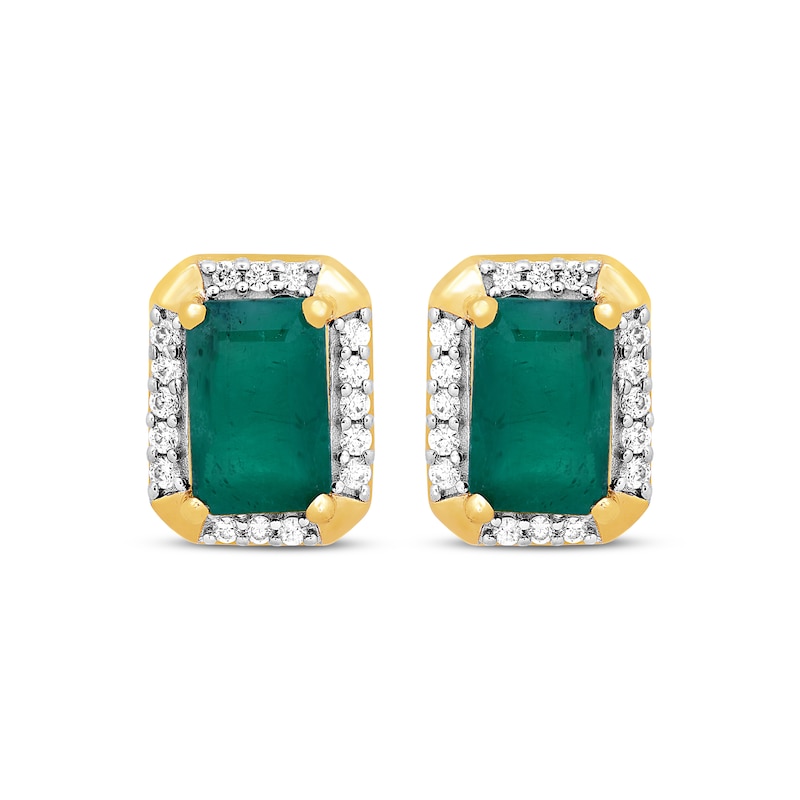 Main Image 2 of Emerald-Cut Emerald & Round-Cut Diamond Stud Earrings 1/10 ct tw 10K Yellow Gold