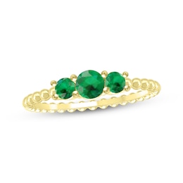 Round-Cut Lab-Created Emerald Three-Stone Beaded Ring 10K Yellow Gold