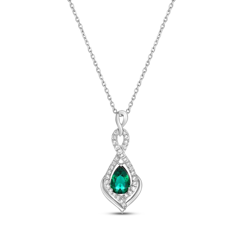 Main Image 1 of Pear-Shaped Lab-Created Emerald & Round-Cut White Lab-Created Sapphire Drop Necklace Sterling Silver 18”