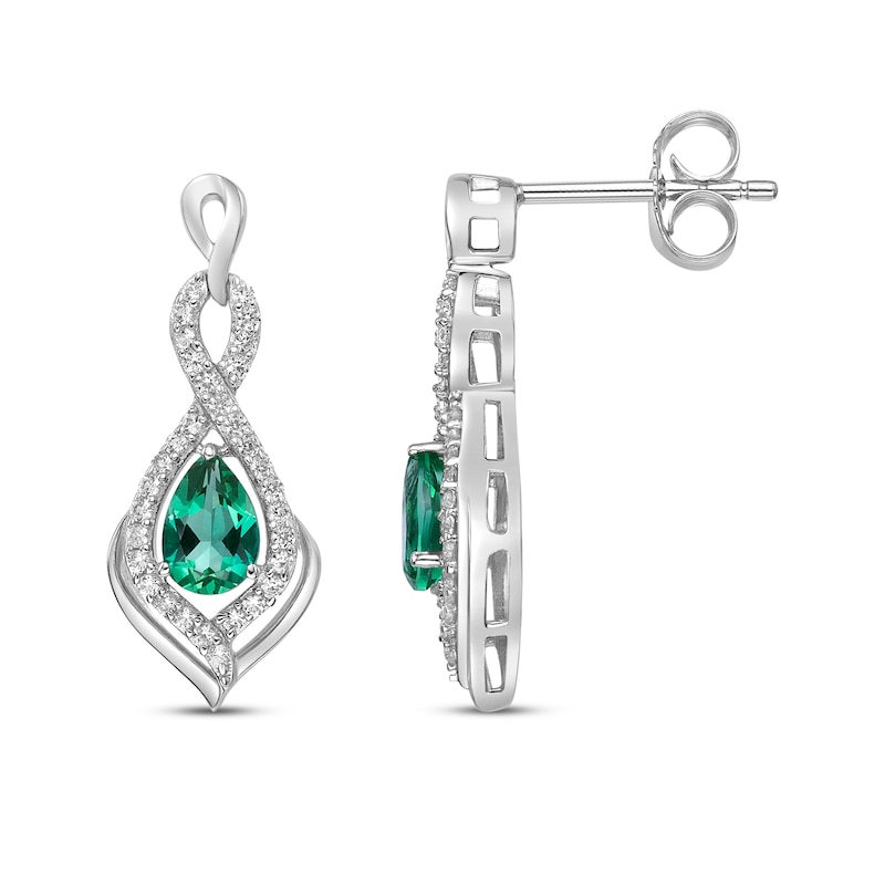 Main Image 3 of Pear-Shaped Lab-Created Emerald & Round-Cut White Lab-Created Sapphire Dangle Earrings Sterling Silver
