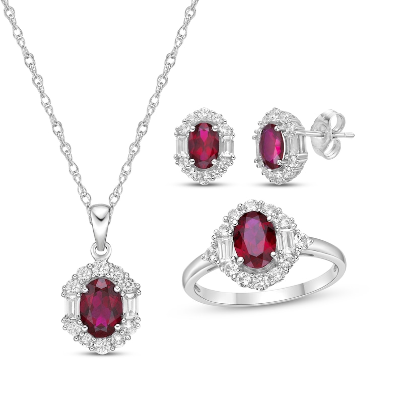 Main Image 1 of Oval-Cut Lab-Created Ruby & Multi-Shape White Lab-Created Sapphire Gift Set Sterling Silver