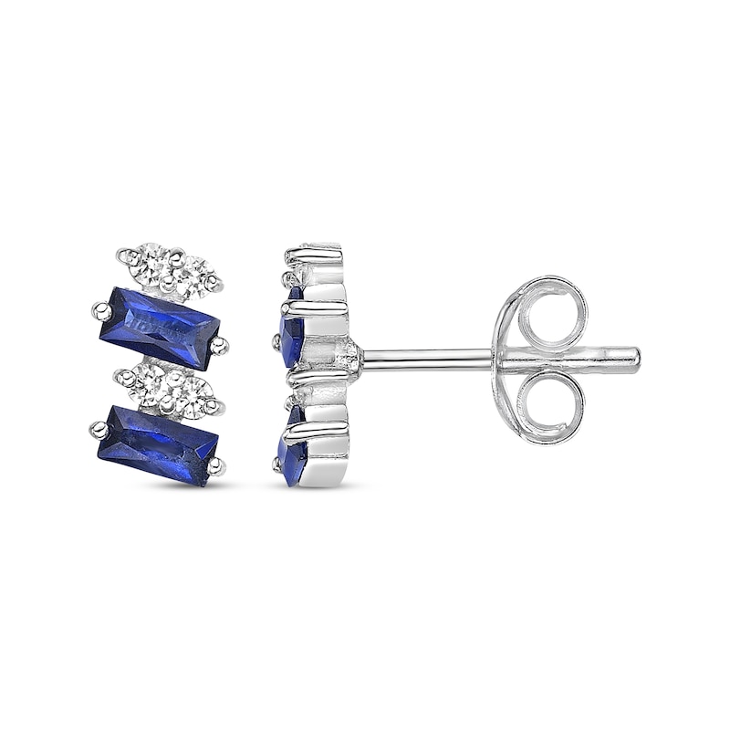 Main Image 3 of Rectangle-Cut Blue Lab-Created Sapphire & Round-Cut White Lab-Created Sapphire Stud Earrings Sterling Silver