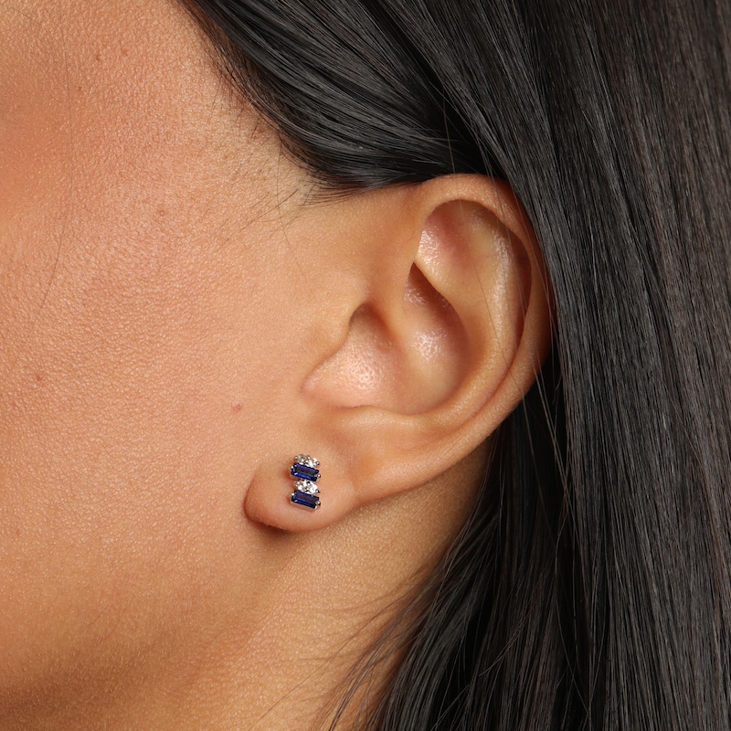 Main Image 5 of Rectangle-Cut Blue Lab-Created Sapphire & Round-Cut White Lab-Created Sapphire Stud Earrings Sterling Silver