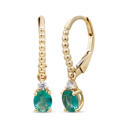 Oval-Cut Emerald & Diamond Beaded Dangle Earrings 1/15 ct tw 10K Yellow Gold