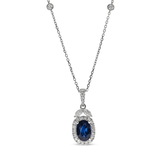 Oval-Shaped Blue Sapphire & Diamond Necklace 1/2 ct tw 14K White Gold 18"