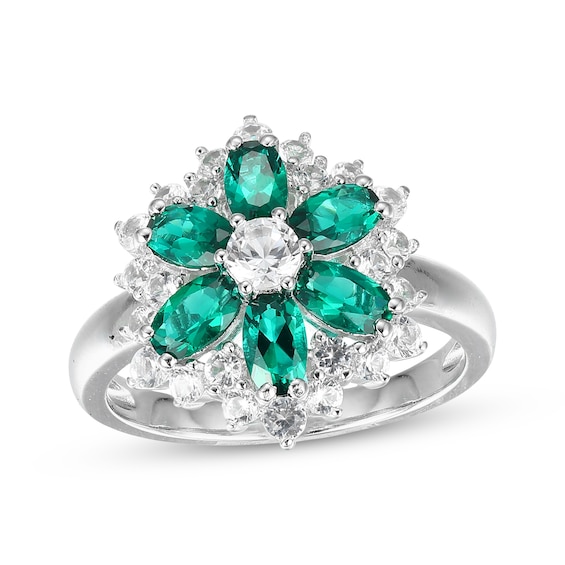 Oval-Cut Lab-Created Emerald & White Lab-Created Sapphire Flower Ring Sterling Silver