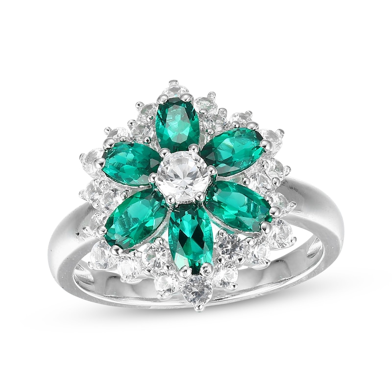 Main Image 1 of Oval-Cut Lab-Created Emerald & White Lab-Created Sapphire Flower Ring Sterling Silver