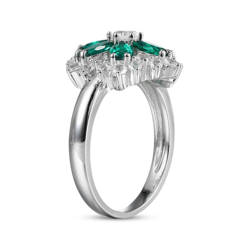 Main Image 2 of Oval-Cut Lab-Created Emerald & White Lab-Created Sapphire Flower Ring Sterling Silver